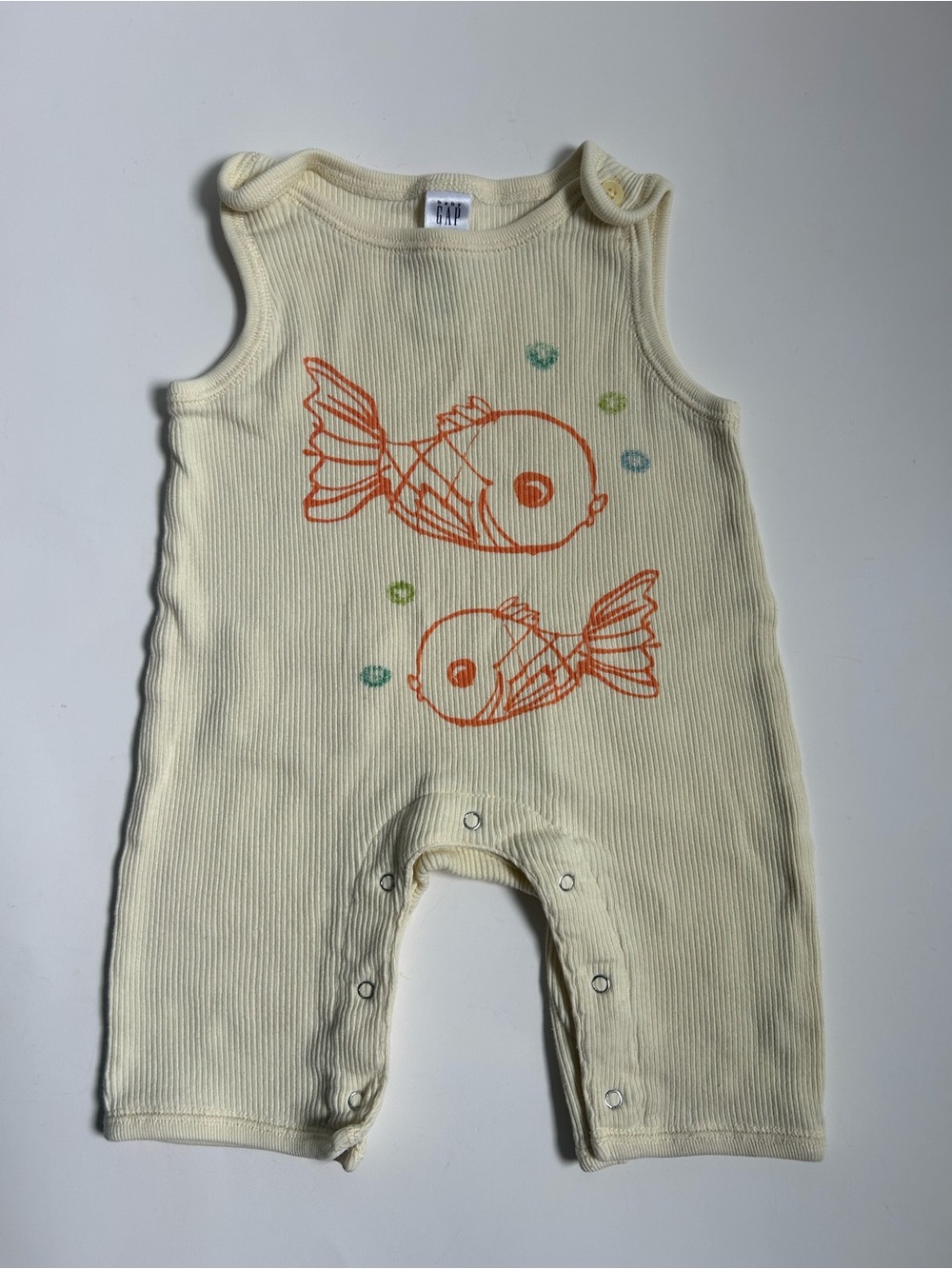 Vintage Gap Cotton Yellow Ribbed Baby Romper with Orange Fish Print